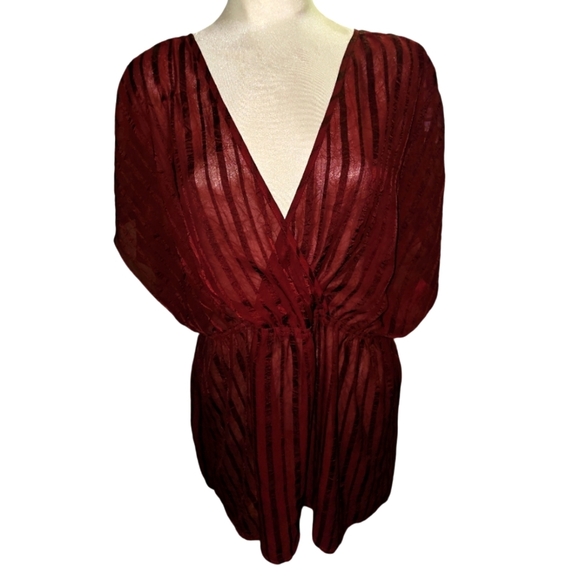 Torrid Womens Faux Wrap Top Plus 2 Maroon Elastic Waist Sheer Elegance Ethereal - Picture 1 of 8